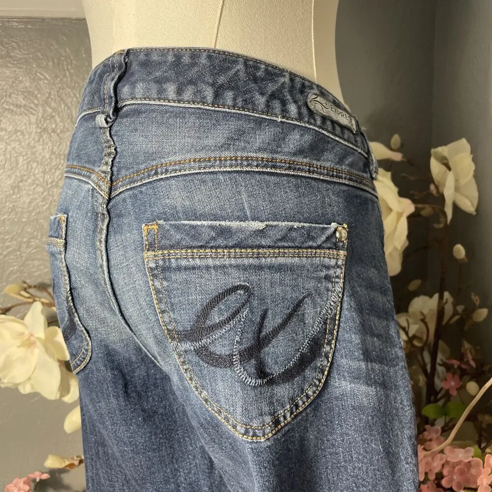 Express Bootcut Jeans Womens 12 Blue Y2K Embroidered Denim Western Low Rise